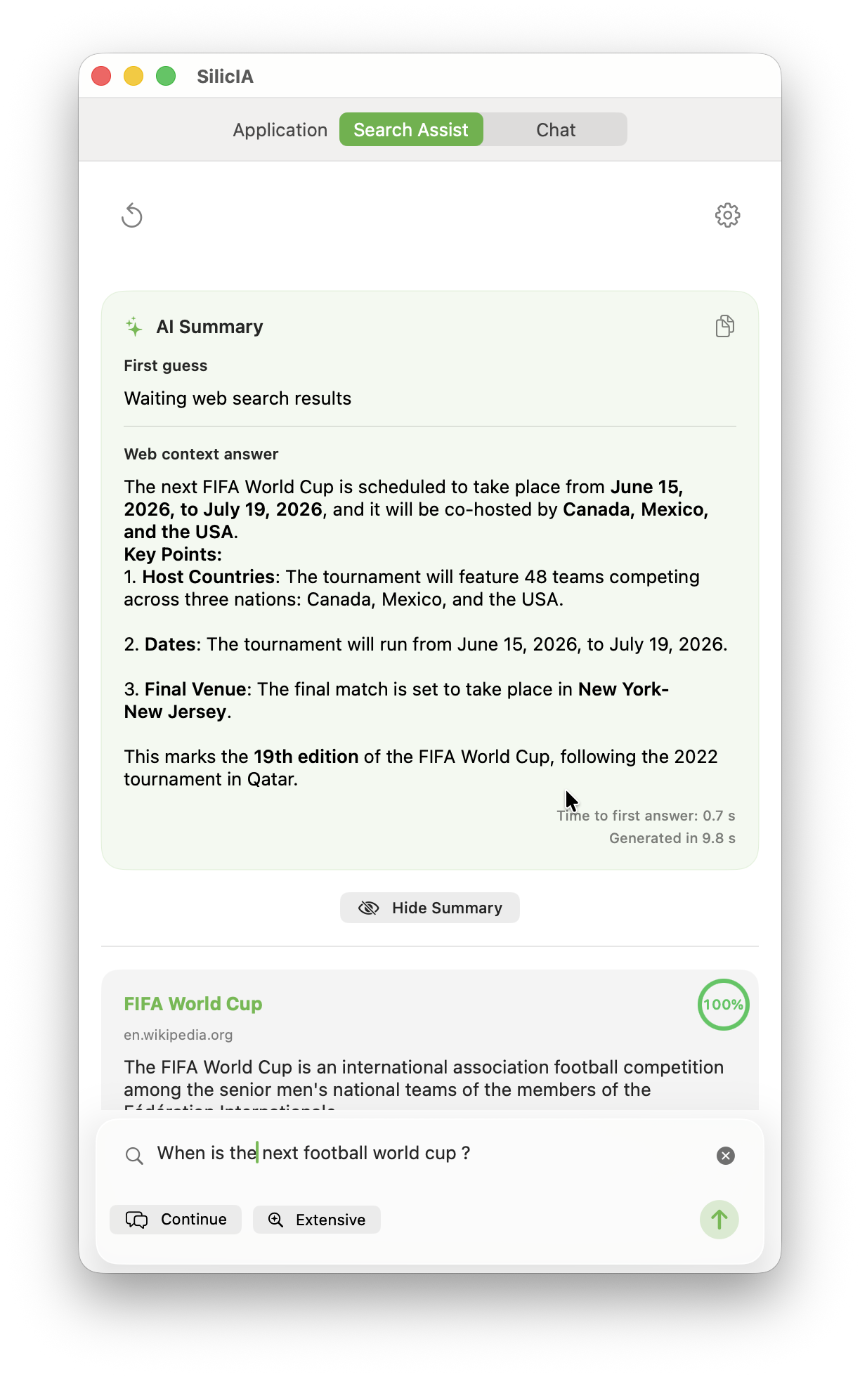 SilicIA — Web search with AI summary and cited sources